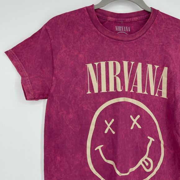 Officially Licensed Nirvana Nevermind Smiley Grunge Tee Magenta Acid Wash Small - Picture 6 of 7